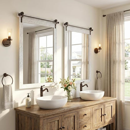 24"x36" Whitewashed Barn Door Vanity Mirror with Wood Header | 100% solid wood, HD tempered glass, bronze-tone iron rail; coastal farmhouse mirror for over sink, guest bath, entryway