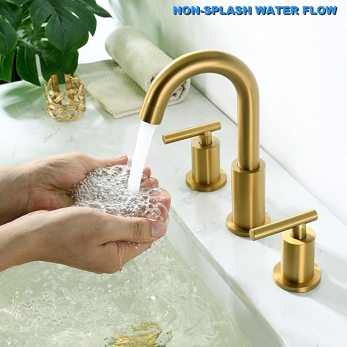 Brushed Brass Bathroom Faucet 3 Hole with Pop Up Drain with Over Flow and Supply Hose, Stainless Steel 8 in Widespread Gold Bathroom Sink Faucet, ChiLDano 2 Handle Gold Bathroom Faucet CH2183BBG