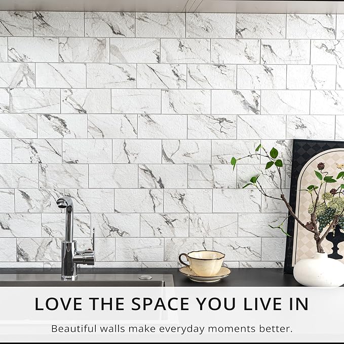StyloVue 100 Pieces Peel and Stick Backsplash for Kitchen, 3" x 6" PVC Subway Tile, 2026 Upgraded Volakas White Marble, Stick on Wall Tile for Kitchen, Bathroom, Fireplace, RV