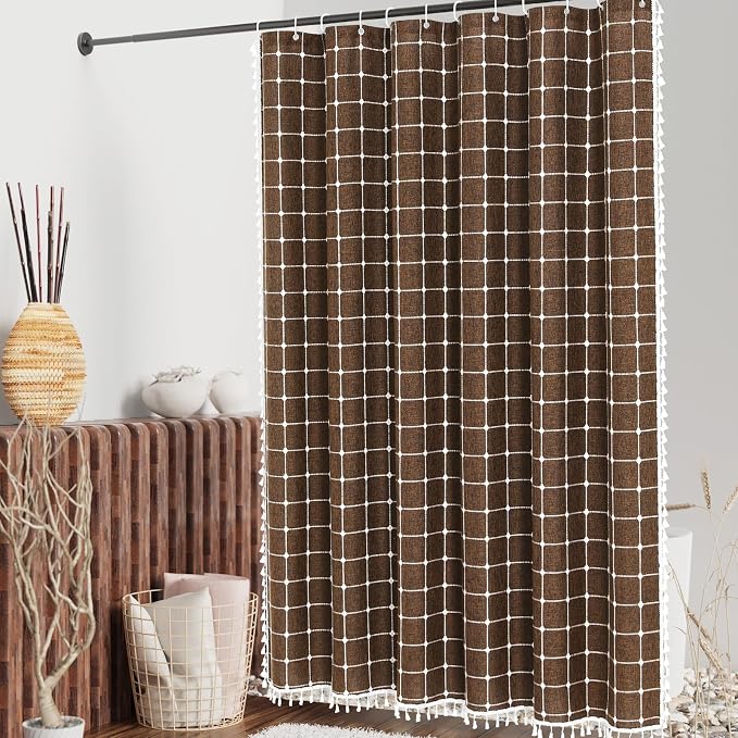MitoVilla Brown 36 x 72 Boho Small Stall Shower Curtain, Narrow Polyester Linen Fabric Shower Curtains for Farmhouse Bathroom Decor, Half Size Cloth Shower Curtain Set with Hooks