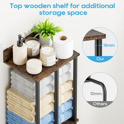 Towel Racks for Bathroom Wall Mounted with Wooden Storage Shelf | Updated 3 Bar Metal Towel Holder for Rolled Towels, Sturdy and Large Capacity, Towel Storage Organizer