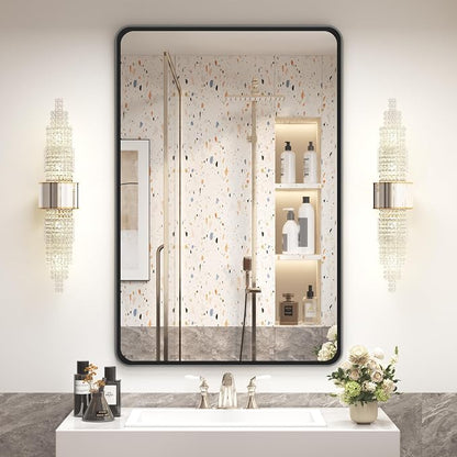 OKPAL 24X36 Inch Black Metal Framed Bathroom Mirror for Wall, Matte Black Rounded Rectangle Mirror Framhouse, Black Bathroom Vanity Mirror with Anti-Rust (Horizontal/Vertical)