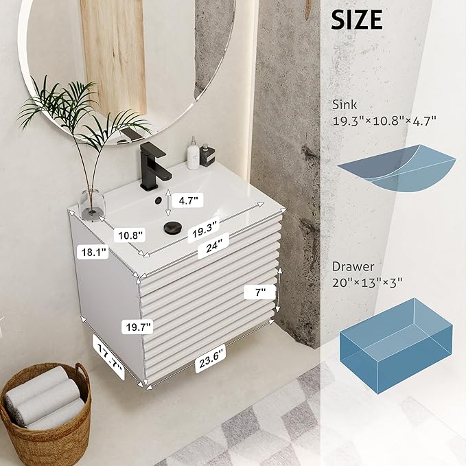 eclife 24" Floating Bathroom Vanity with Sink Combo Mid-Century Wall Mounted Cabinet with Wood Stripes Decor, Drawers, Undermount Single Sink, Faucet, Drain, Mixed White