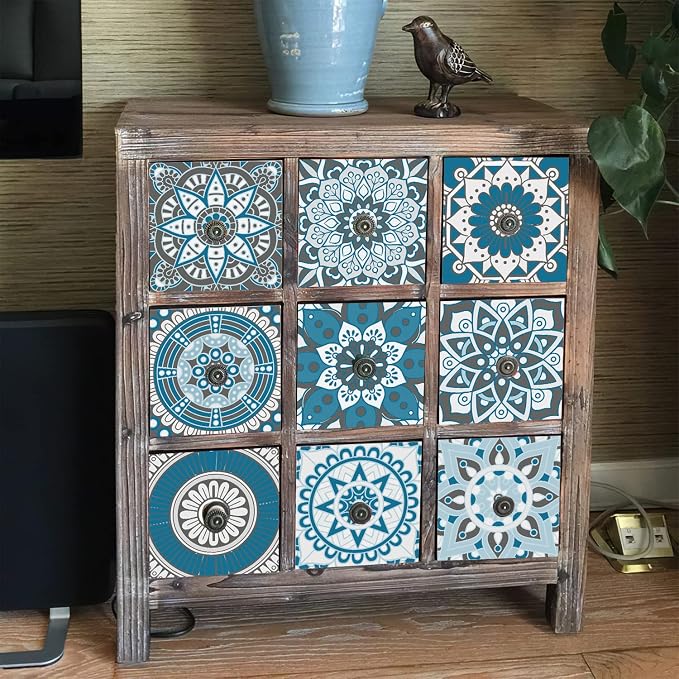Easy Peel Stick Vinyl Moroccan Tile Decals 4x4in Stick on backsplash,24Pc | Waterproof&heat resistant tile stickers for kitchen RV laundry backsplash decor,remove no damaging,cyan mandala pattern