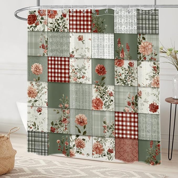 Farmhouse Country Patchwork Shower Curtain for Bathroom Boho Floral Plaid Vintage Rustic Cottagecore Bathroom Decor Pink Green Flower Fabric Bath Curtain with 12 Hooks, 72x72 Inch