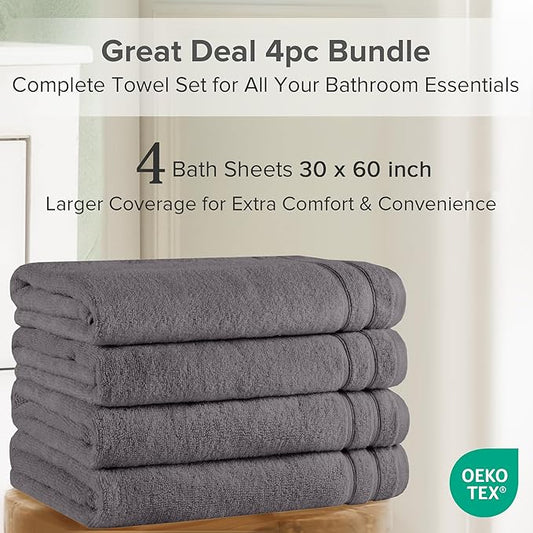 Comfort Spaces Extra Large Bath Towel Set of 4 Piece 30x60 Bath Sheet Set Shower Towel Beach Towel 100% Cotton Bathroom Towel Set Quick Dry Oversized Highly Absorbent Soft 400GSM Dark Grey Dual Layer