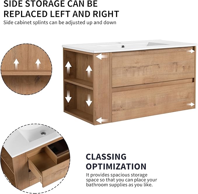 Henf 36" Wall Mounted Bathroom Vanity with Ceramic Sink, Modern Floating Oak Bathroom Vanity Cabinet with 2 Soft Close Drawers & Open Storage Shelf