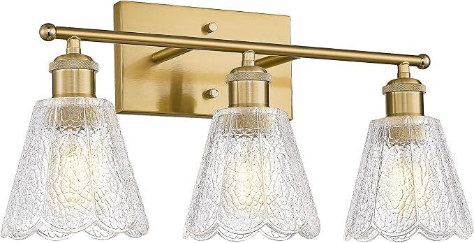 HWH 3-Light Bathroom Wall Sconces, Clear Floral Glass, 5HJX110B-3W BG | Brushed Gold Finish, 20 Inch Bathroom Vanity Light for Bedroom, Sconce Wall Lighting, Standard E26 Bulb Socket, For Foyer