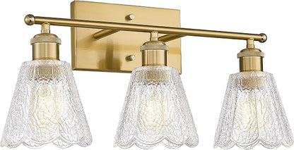 HWH 3-Light Bathroom Wall Sconces, Clear Floral Glass, 5HJX110B-3W BG | Brushed Gold Finish, 20 Inch Bathroom Vanity Light for Bedroom, Sconce Wall Lighting, Standard E26 Bulb Socket, For Foyer