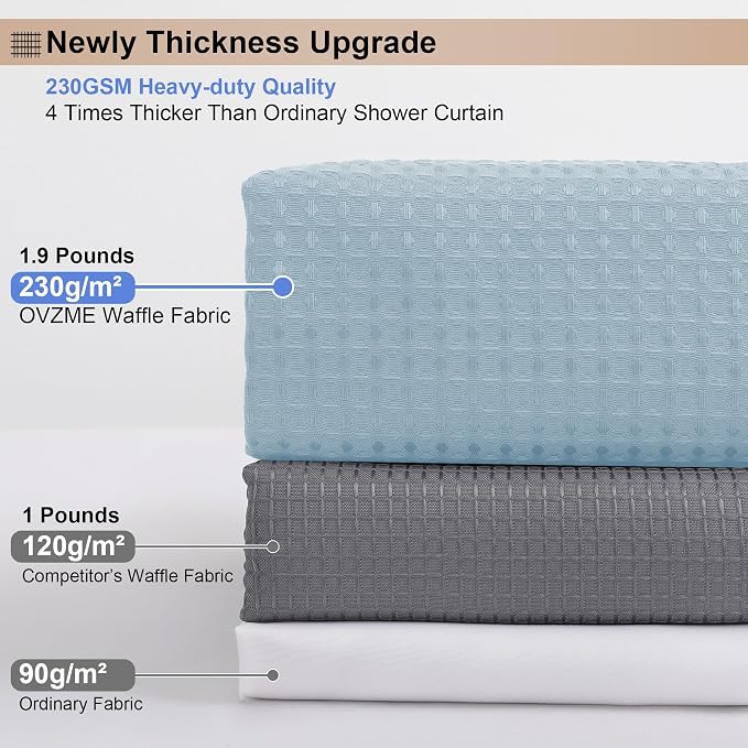 Extra Long Shower Curtain Set - 84 Inch Long Waffle Weave Heavy Duty Cloth Shower Curtain for Bathroom, Luxury Weighted 230GSM Bath Curtain Set with 12 Plastic Hooks, 72Wx84L, Glacier Blue
