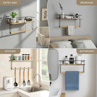 Wall-Mounted Wooden Shelf with Hand Towel Holder – Space-Saving Hanging Bathroom Organizer & Towel Rack - Perfect for Shower Corner, Kitchen, Toilet - Matte Black