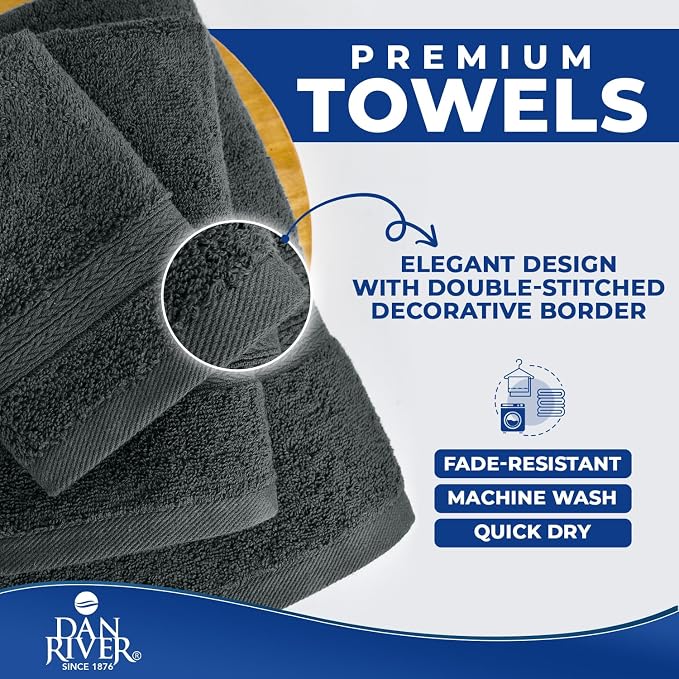 DAN RIVER 8 Piece Luxury Bath Towels for Bathroom, Towel Set, Gray | 2 Bath towels, 2 Hand towels, and 4 Wash Cloths, 600 GSM 100% Ring Spun Cotton, Highly Absorbent, Gym, Hotel, guest, and Spa