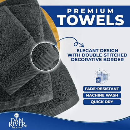 DAN RIVER 8 Piece Luxury Bath Towels for Bathroom, Towel Set, Gray | 2 Bath towels, 2 Hand towels, and 4 Wash Cloths, 600 GSM 100% Ring Spun Cotton, Highly Absorbent, Gym, Hotel, guest, and Spa