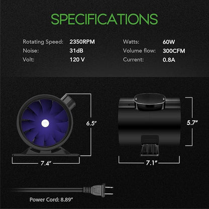 iPower 6 Inch 300 CFM Ventilation Booster Fan with Grounded Power Cord, Quiet Inline Duct Exhaust Blower for HVAC in Grow Tent, Basements, Bathrooms, Black