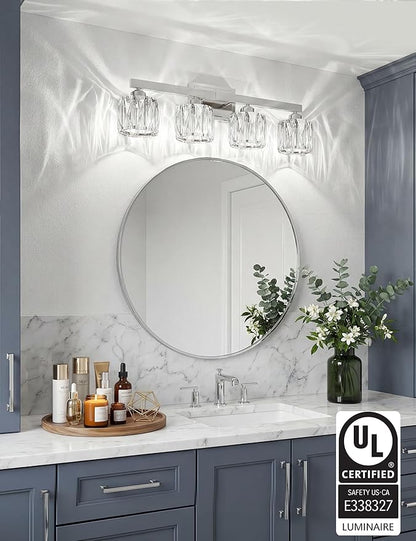 VOLISUN Crystal Vanity Lights for Bathroom, 4 Light Bathroom Vanity Light, Modern Stainless Steel Bathrooms Lights Over Mirror, Chrome Bathrooms Lights Fixtures-UL Certificated(Exclude Bulb)