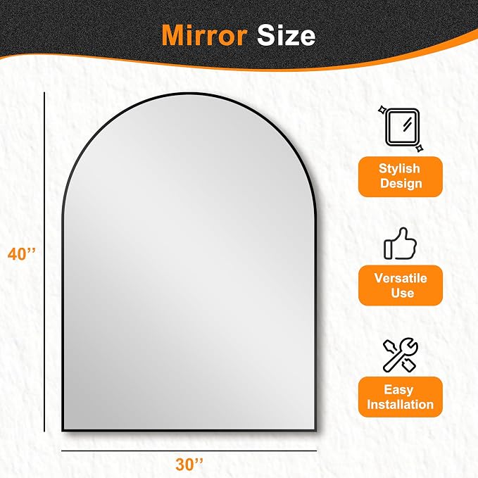 Arched Bathroom Mirror, Black, 40"x30"