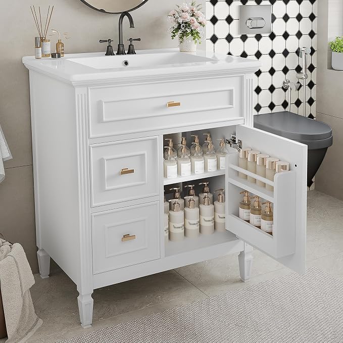 30" Bathroom Vanity with Ceramic Sink, Undermount Single Basin Bath Vanity Set w/1 Flip-Up & 2 Drawers,Modern Freestanding Storage Cabinet w/Adjustable Shelf,Solid Wood Frame,White