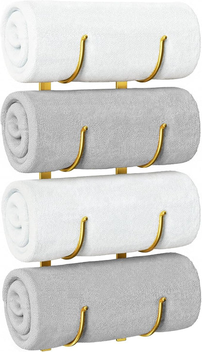 Rolled Towel Rack for Bathroom– 4-Tier Rolled Towel Storage Holder,Metal Organizer for Towels & Large Bath Sheets, Space Saving Rack for Small Bathroom, RV, Camper, Closet, Gold Metal