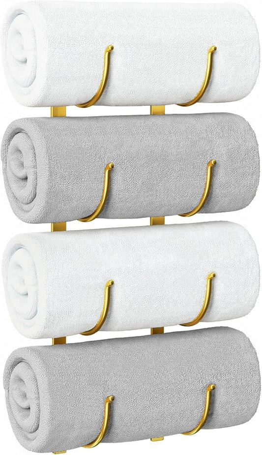 Rolled Towel Rack for Bathroom– 4-Tier Rolled Towel Storage Holder,Metal Organizer for Towels & Large Bath Sheets, Space Saving Rack for Small Bathroom, RV, Camper, Closet, Gold Metal