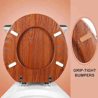 Round Toilet Seat Molded Wood Toilet Seat with Zinc Alloy Hinges, Easy to Install also Easy to Clean, Anti-pinch Wooden Toilet Seat by Angol Shiold (Round, Brownish Yellow)