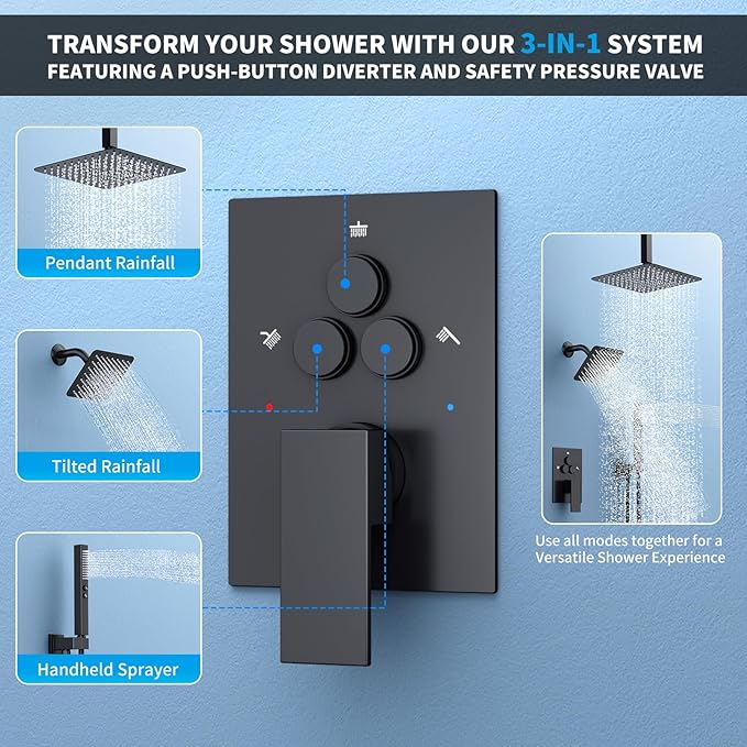 Shower Faucet Set Shower System - EMBATHER Push Button Diverter Dual Shower Faucet Valve Kit with Rainfall Ceiling Mount 10 Inch Shower Head 6 Inch Wall Mount, for Couple (Standard-10'', Matte Black)