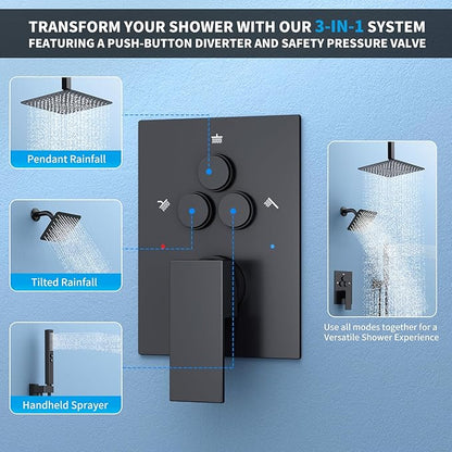 Shower Faucet Set Shower System - EMBATHER Push Button Diverter Dual Shower Faucet Valve Kit with Rainfall Ceiling Mount 10 Inch Shower Head 6 Inch Wall Mount, for Couple (Standard-10'', Matte Black)