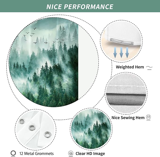 Green Misty Foggy Forest Mountain Shower Curtain for Bathroom 72W*72H Inch Nature Tree Woodland Bathtub Decor Pine Tree Natural Country Cool Masculine Aesthetic Waterproof Polyester Fabric