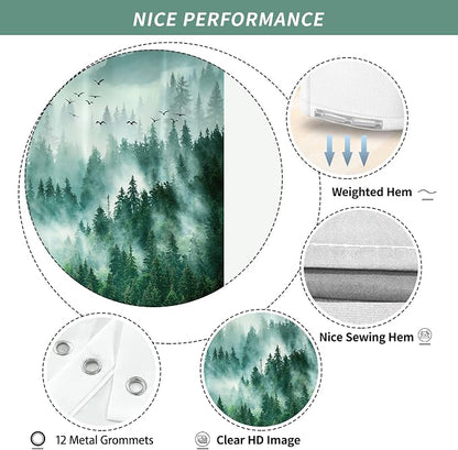 Green Misty Foggy Forest Mountain Shower Curtain for Bathroom 72W*72H Inch Nature Tree Woodland Bathtub Decor Pine Tree Natural Country Cool Masculine Aesthetic Waterproof Polyester Fabric