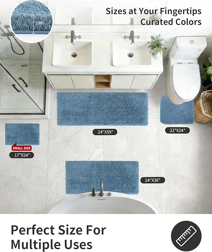 ILANGO Blue Bathroom Rugs 24" × 17" Small Non Slip & Super Absorbent Extra Thick Soft, Washable Bath Mat for Floor, Microfiber Plush Shaggy Bath Rug with Rubber for Bathtub Shower Room Sink