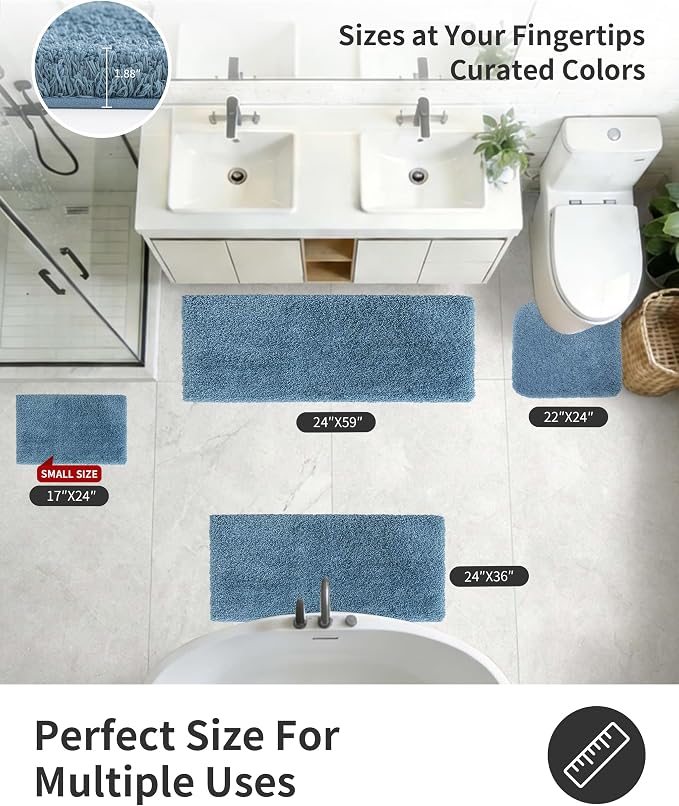 ILANGO Blue Bathroom Rugs 60" × 24" Non Slip & Super Absorbent Extra Thick Soft, Washable Bath Carpet Runner for Floor, Microfiber Plush Shaggy Bath Mats with Rubber for Bedroom Bathtub Shower Room