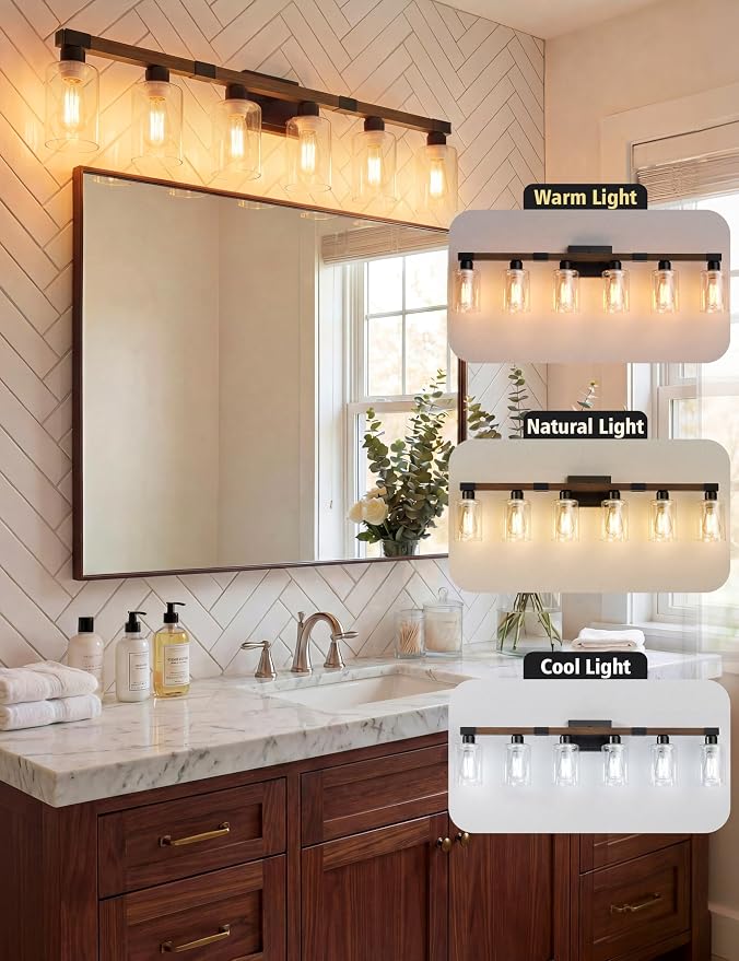 VOLISUN Farmhouse Bathroom Vanity Light Fixtures, 6 Light,UL Certificated | 6 Light Bathroom Vanity Lights Over Mirror, Rustic Vanity Light for Bathrooms,Wood Bathrooms Lights Fixtures Over Mirror
