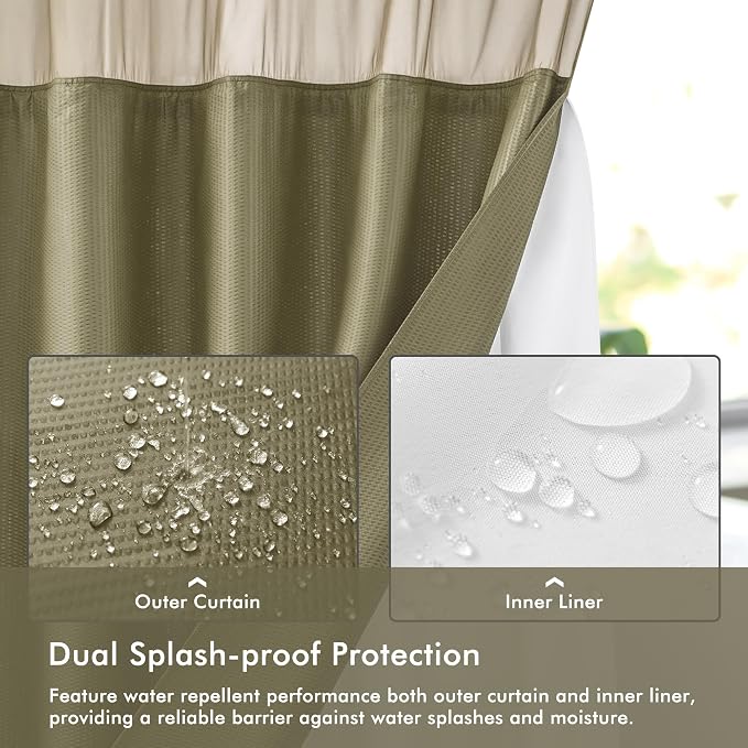 No Hook Shower Curtain with Snap-in Liner, Embossed Waffle Design Fabric Shower Curtain for Bathroom, Soft & Lightweight, 71x74, Taupe