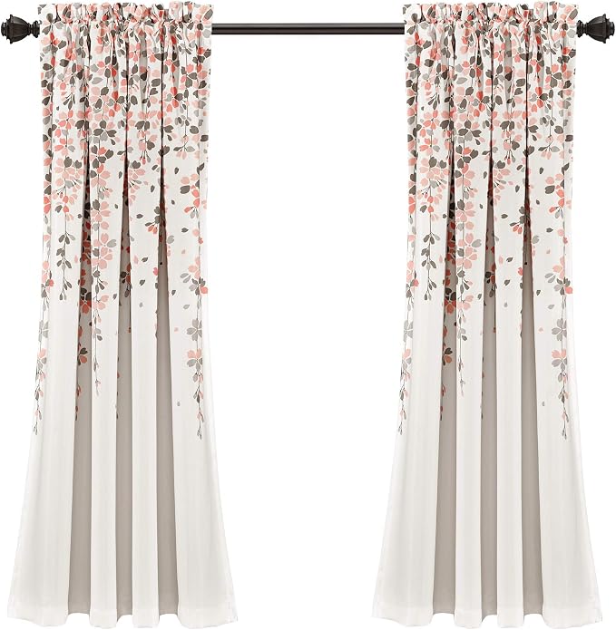 Lush Decor Weeping Flower Light Filtering Window Curtain Panels, Pair, 52"W x 63"L + 2" Header, Blush & Gray - Charming Modern Floral Curtains for Living Room, Dining Room, & Bedroom