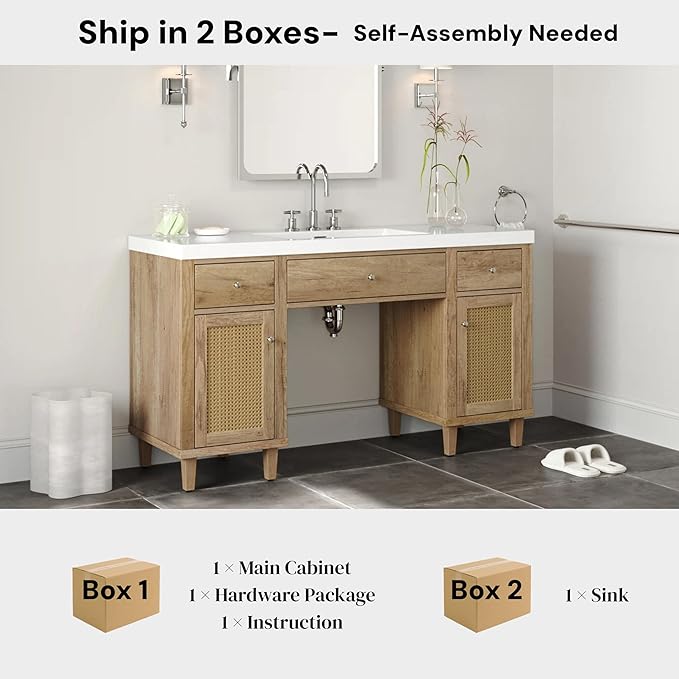 60 Inch Bathroom Vanity with Single Sink & Integrated Countertop,Large Bathroom Vanity with Rattan Doors,2 Drawers & Storage Cabinets,Gas Spring Tip-Out Tray,Soft Closing System,Solid Wood Legs