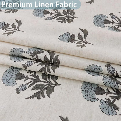 ORTIGIA Linen Textured Ruffle Shower Curtain with Metal Hooks, Vintage Blue Floral Block Print Boho Waterproof Bath Curtain for Rustic Farmhouse Bathroom Decor 72x72 Inch