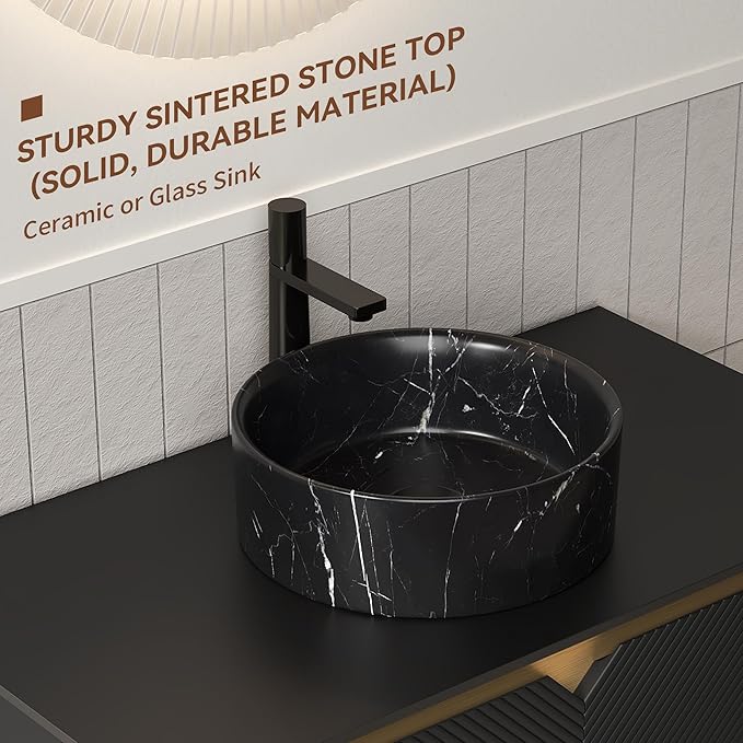 Bathroom Vanity with Sink 36 Inch, Floating Modern Vanity with Vessel Sink, Fluted Bathroom Vanity Cabinet with 2 Doors with Metal Trim, Black Round Sink & Sintered Stone Top, Black
