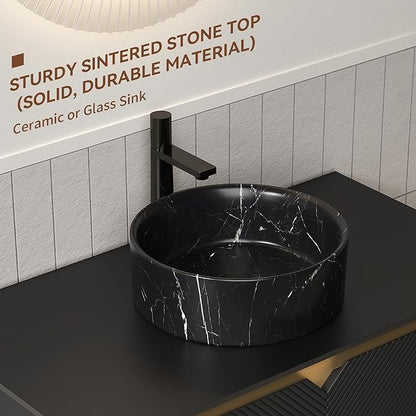 Bathroom Vanity with Sink 36 Inch, Floating Modern Vanity with Vessel Sink, Fluted Bathroom Vanity Cabinet with 2 Doors with Metal Trim, Black Round Sink & Sintered Stone Top, Black
