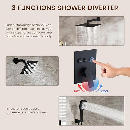 MONDAWE 12 Inch Wall Mounted Matte Black Shower System, 3-Function Shower Faucet Set with Rainfall Dual Shower Head and High Pressure 4-Setting Handheld, All Functions Can be Used At the Same Time