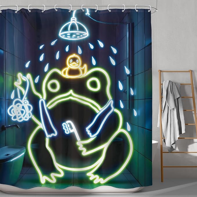 LGhtyro Funny Frog Shower Curtain Bathroom Set 60Wx71H Inches Japanese Minimalist Cool Asian Traditional Neon Aesthetic Animal Bath Accessories Cute Art Home Decor Fabric 12 Pack Hooks