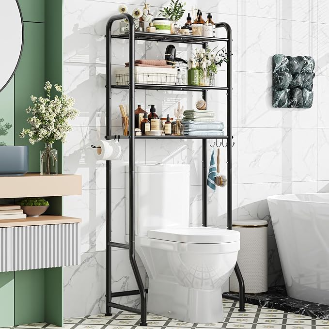 Simple Trending Over The Toilet Storage Rack, Metal 3 Tier Bathroom Organizer Shelf with Paper Holder and 3 Hooks, Freestanding Shelf Space Saver Above Toilet,Black