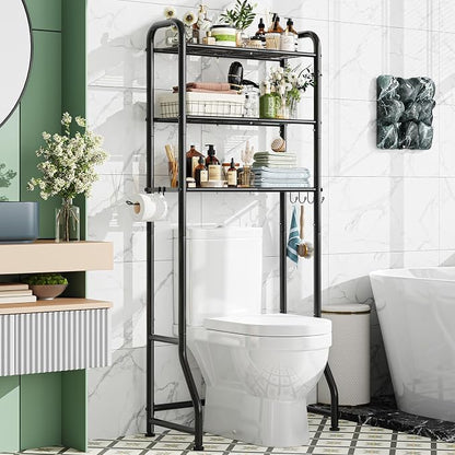 Simple Trending Over The Toilet Storage Rack, Metal 3 Tier Bathroom Organizer Shelf with Paper Holder and 3 Hooks, Freestanding Shelf Space Saver Above Toilet,Black