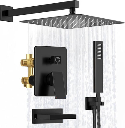 Shower System with Tub Spout, All Metal Matte Black Shower Faucet Set with Valve, 10'' Rain Shower Head with Handheld Spray, 59'' Shower Hose and Diverter, Wall Mounted Bath Tub Faucet Set