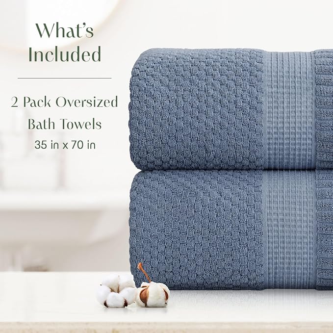 2 Pack Oversized Bath Towels 100% Cotton | Blue Towels | Oeko‑TEX Standard 100 | Soft & Absorbent, Quick‑Dry | Trinity Collection - Flint Stone