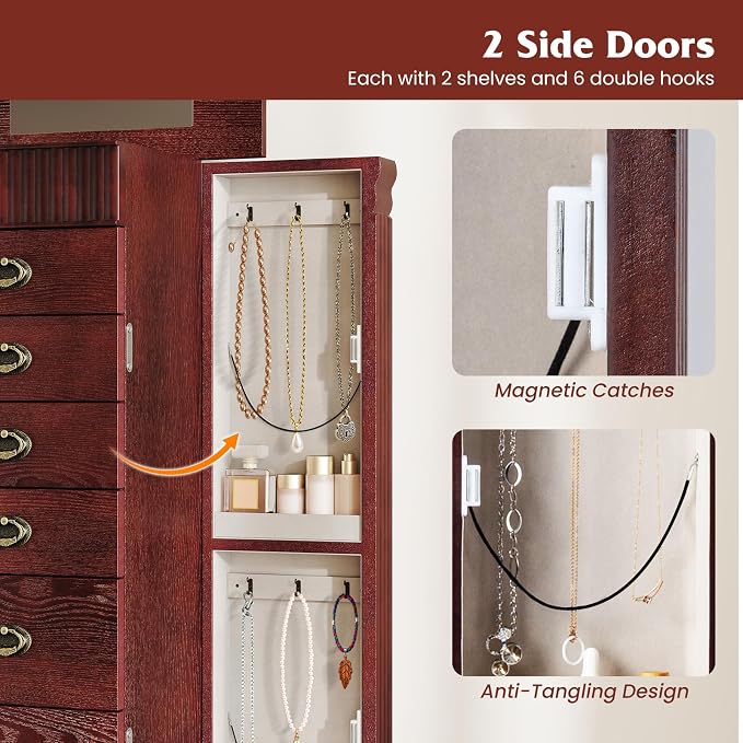 DREAMADE Jewelry Armoire, Standing Jewelry Box w/Mirror & 7 Drawers, Brown | Flip Top Organizer with 2 Side Doors and Anti-Toppling Device, Large Jewelry Cabinet Storage for Bedroom