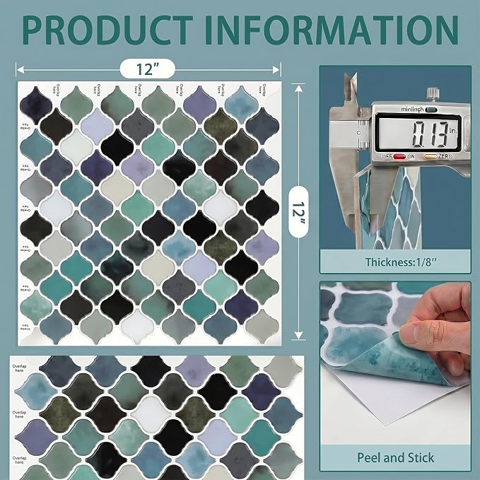 Arttown Peel and Stick 3D Wall Backsplash 10-Sheet 12" × 12" Moroccan Teal | Subway Tile Self Adhesive Thicker Design Wall Tiles Panel Wallpaper for Kitchen Bathroom Balcony Rental Housing