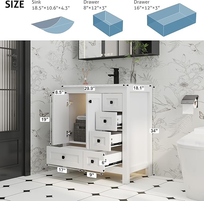 eclife 30" Bathroom Vanities with Sink Combo, Modern Thickened Wood Bathroom Storage Cabinet w/Undermount Sink, Matte Black Faucet Drain, Painted Surface, White