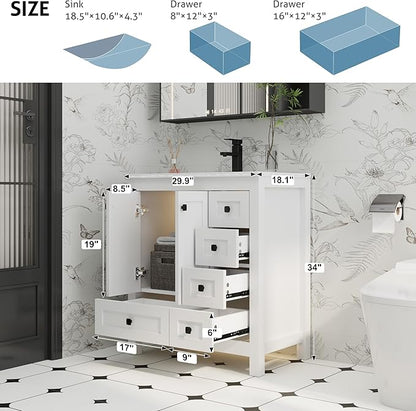 eclife 30" Bathroom Vanities with Sink Combo, Modern Thickened Wood Bathroom Storage Cabinet w/Undermount Sink, Matte Black Faucet Drain, Painted Surface, White