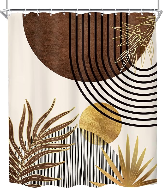 Mid Century Boho Abstract Modern Sun Minimalist Bathroom Shower Curtain Set | 60Wx72H Arch Golden design, waterproof HD print with fast-drying fabric and 12 hooks.