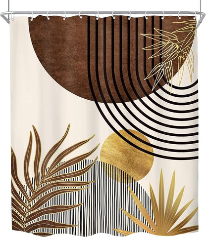 Mid Century Boho Abstract Modern Sun Minimalist Bathroom Shower Curtain Set | 60Wx72H Arch Golden design, waterproof HD print with fast-drying fabric and 12 hooks.
