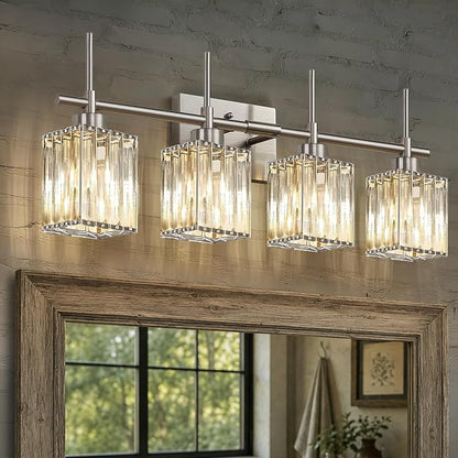 Torondo Modern Crystal Bathroom Vanity Light 4-Light Brushed Nickel Bathroom Light Fixtures Over Mirror Vanity Lighting Fixtures Square Shade Wall Sconce (Bulbs Not Include)